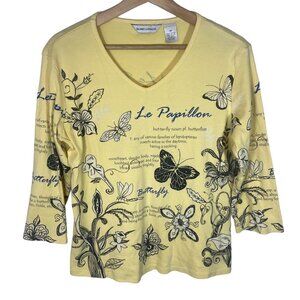 Vintage Drapers & Damons Embellished Butterfly Print Tee Women M Yellow USA